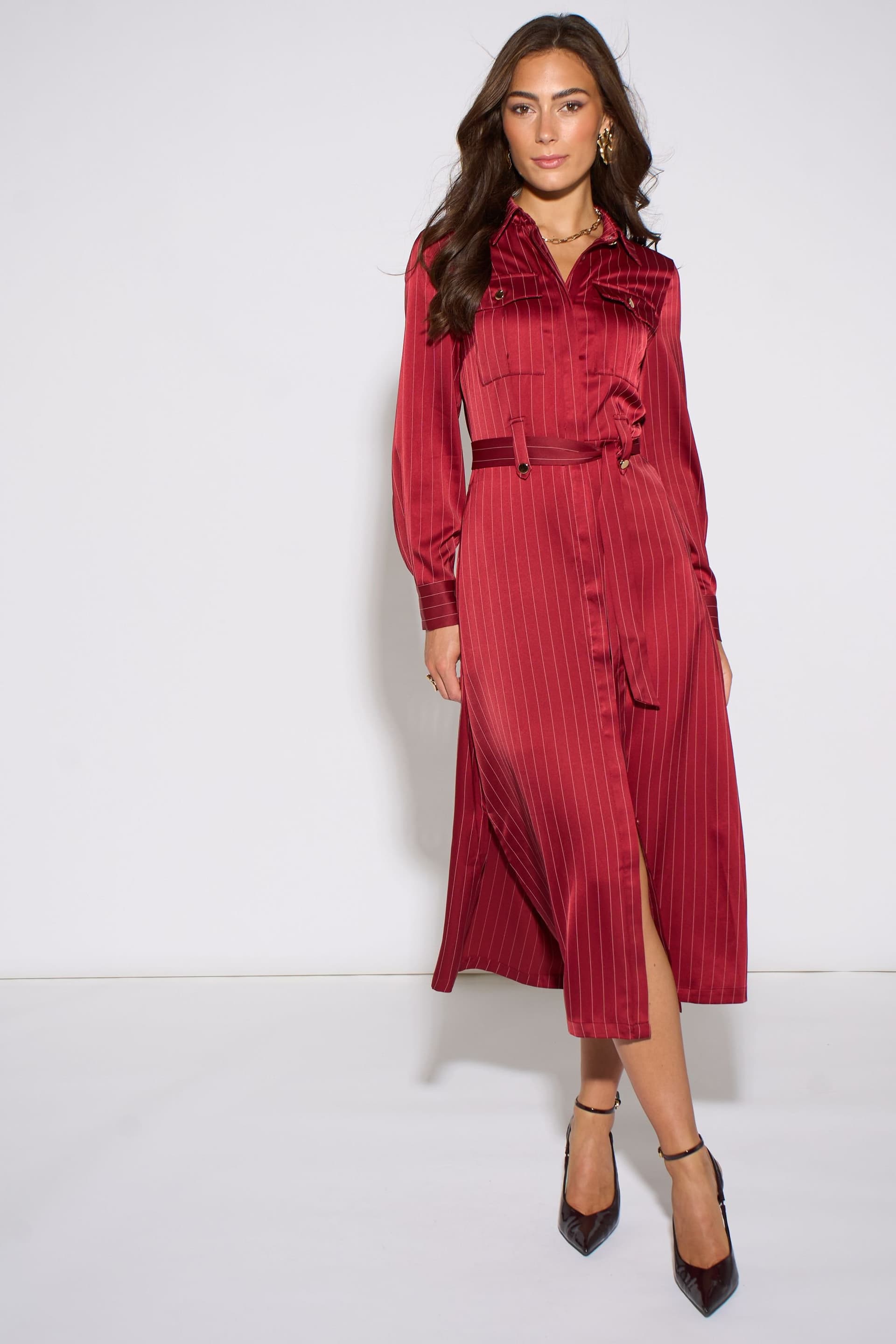 Gini London Gini London Women's Mulberry Pinstripe Shirt Utility Belted Shirt Dress in Red