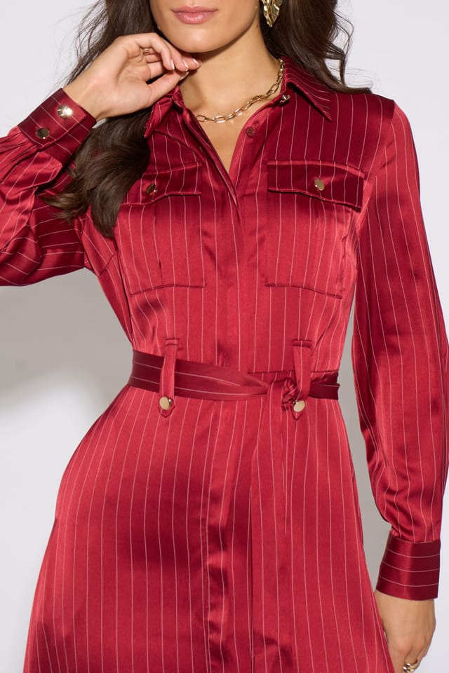Gini London Gini London Women's Mulberry Pinstripe Shirt Utility Belted Shirt Dress in Red - 2