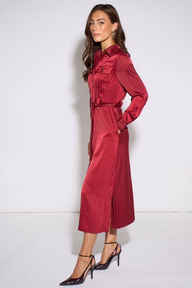 Gini London Gini London Women's Mulberry Pinstripe Shirt Utility Belted Shirt Dress in Red - 3