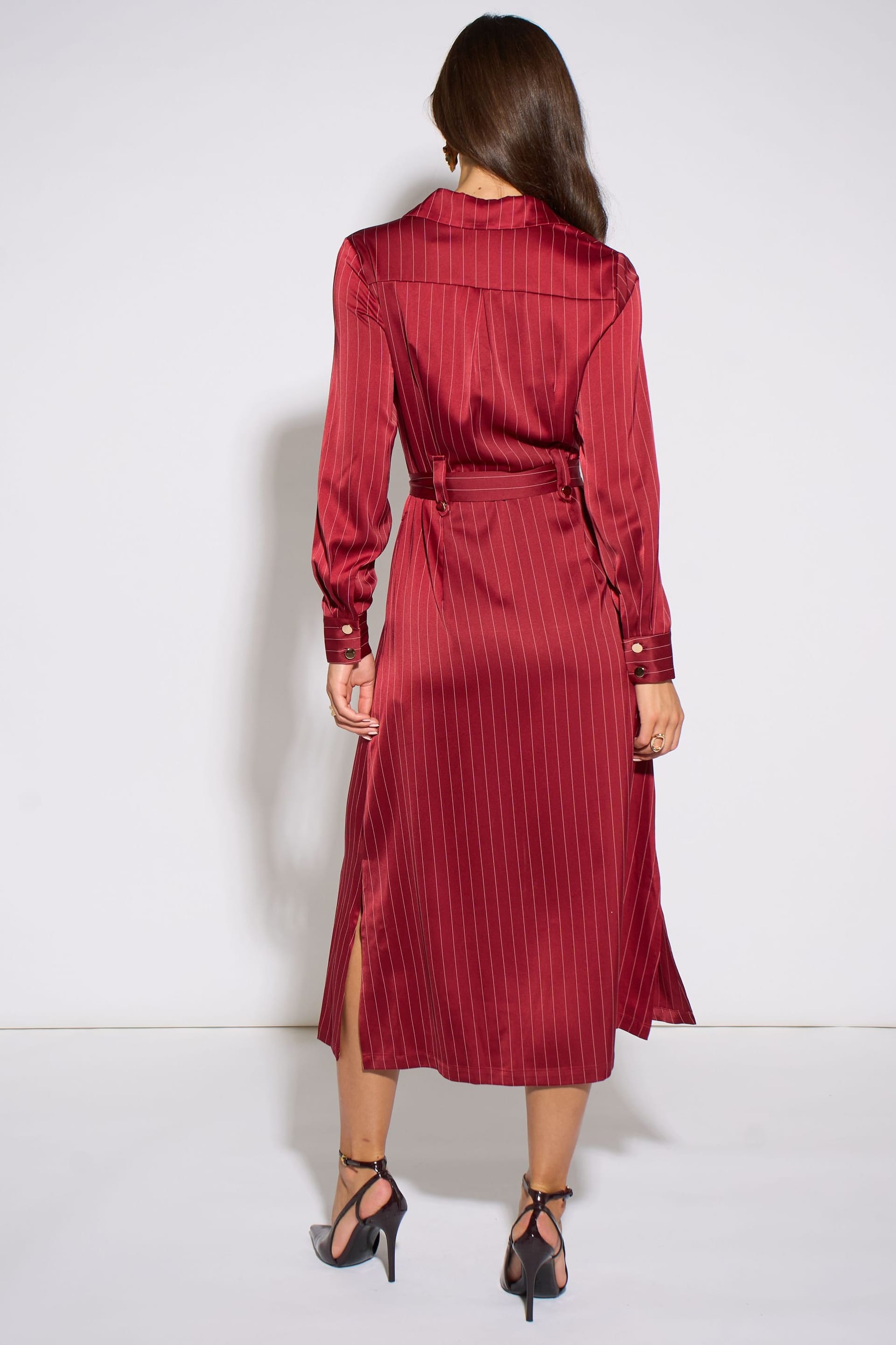 Gini London Gini London Women's Mulberry Pinstripe Shirt Utility Belted Shirt Dress in Red - 4