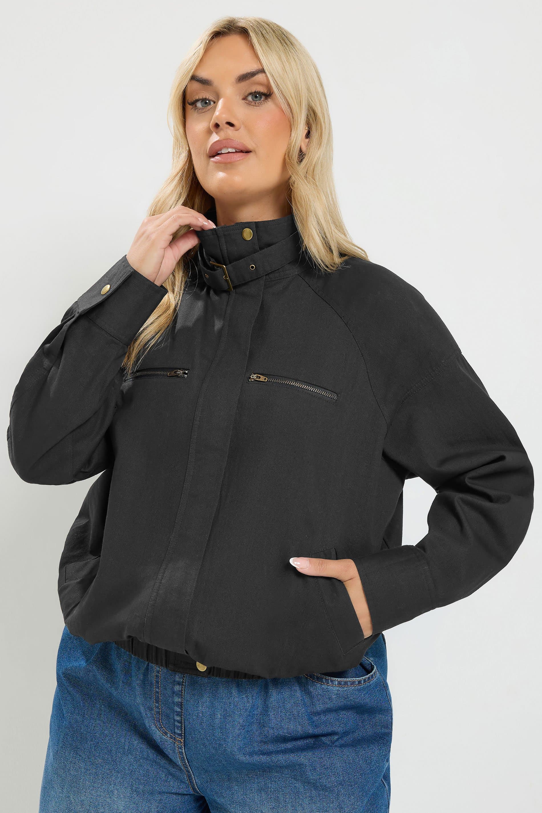 Yours Plus Size Black Funnel Neck Twill Shacket