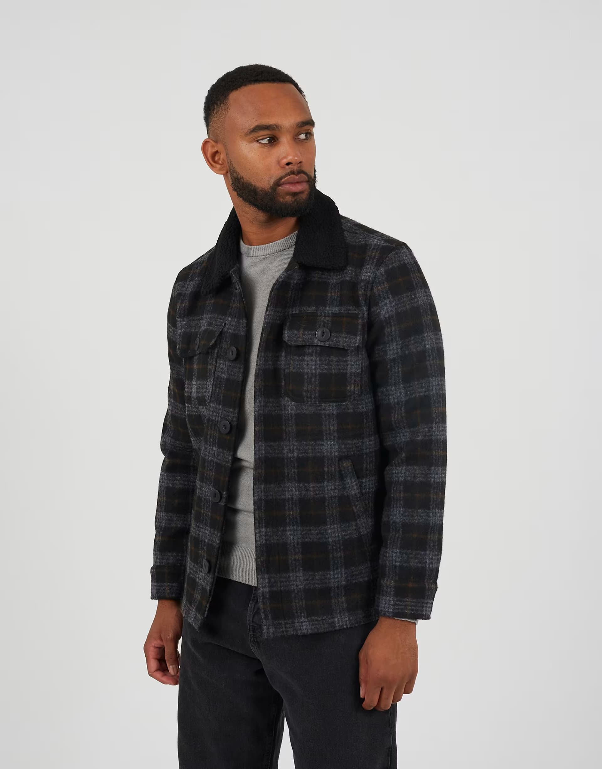 ASOS Brave Soul Checked jacket with sherpa collar in black