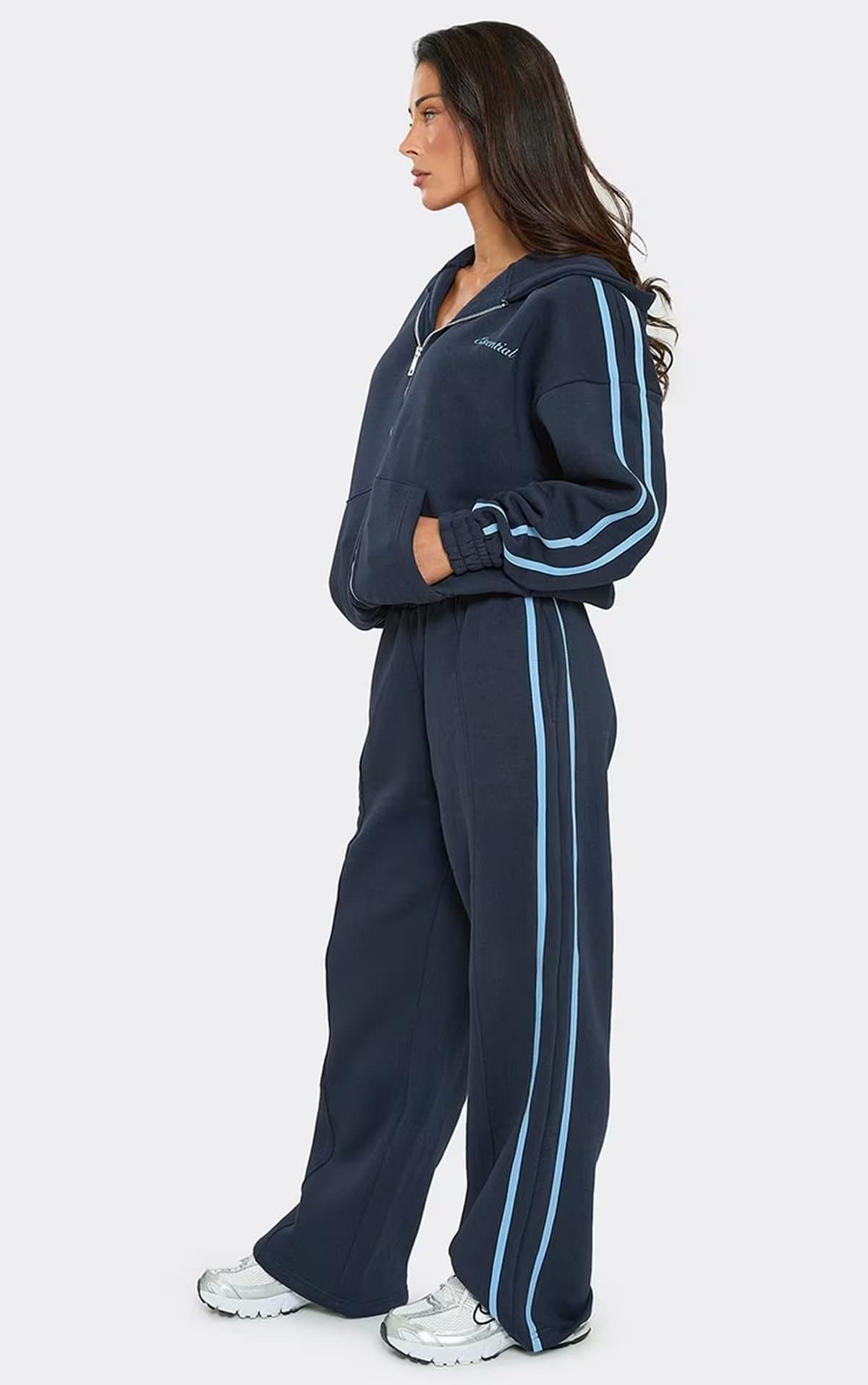EGO Oversized Mid Rise Contrast Stripe Straight Leg Joggers In Navy, Women's Size UK 6