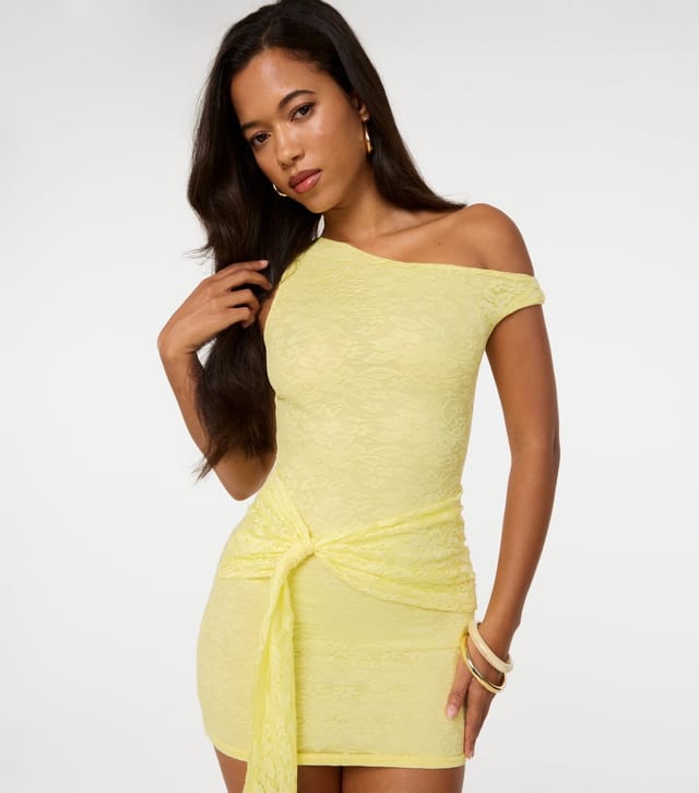 Pink Vanilla Women's Light Yellow Tie Front Lace Asymmetric Mini Dress Pink Vanilla New Look - 3