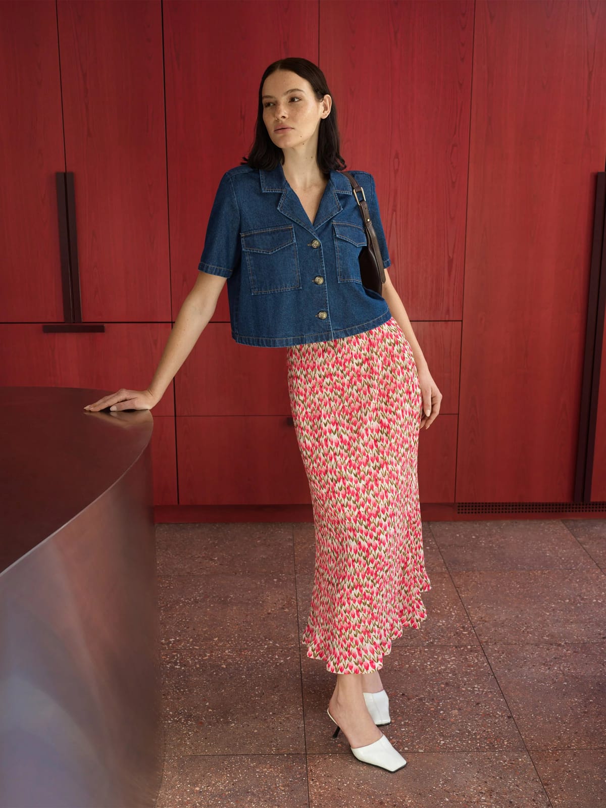 French Connection Noelle Floral Plisse Fluted Hem Midi Skirt Pink Multicolour - 1