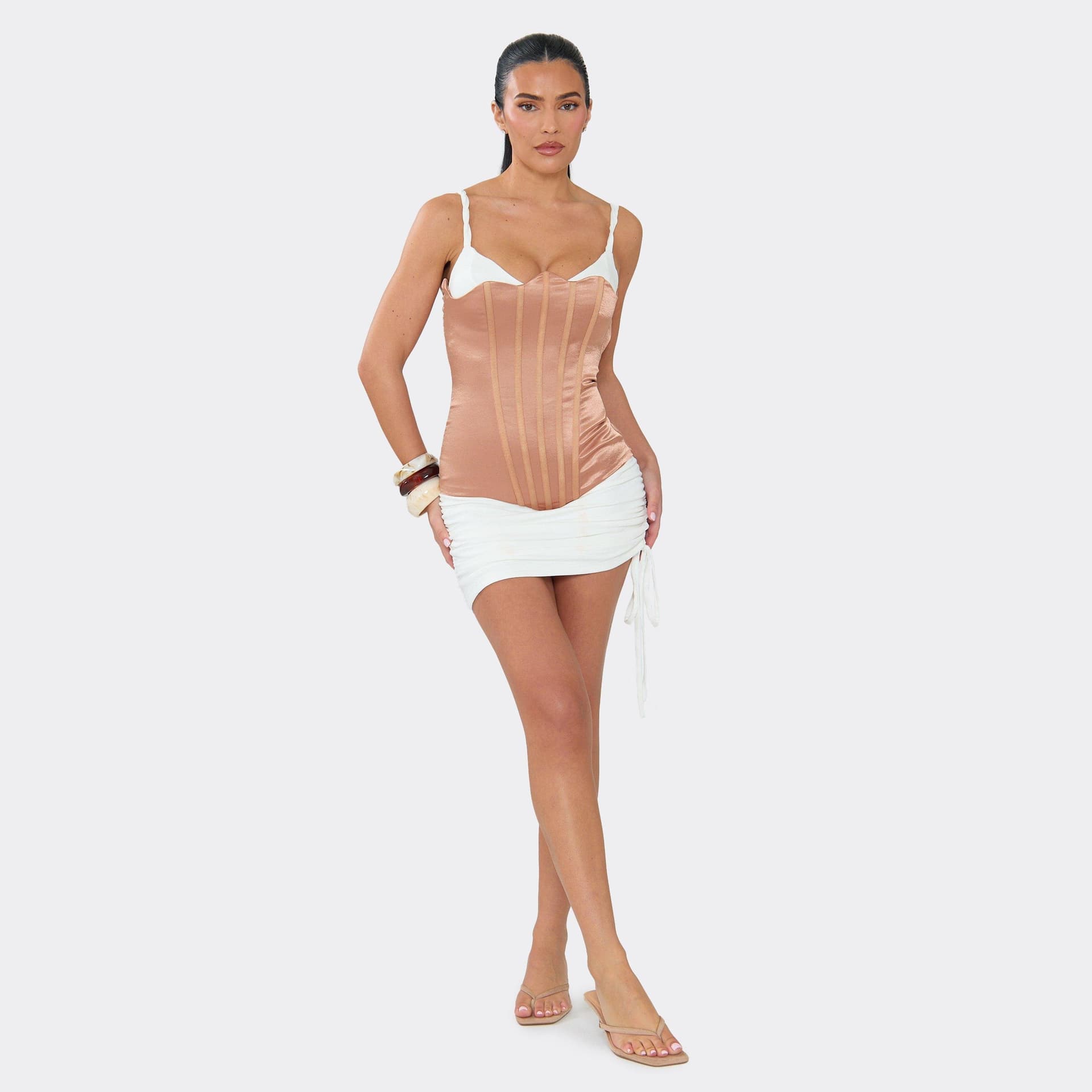 EGO Scoop Neck Tie Side Layered Corset Mini Dress In White, Women's Size UK 6