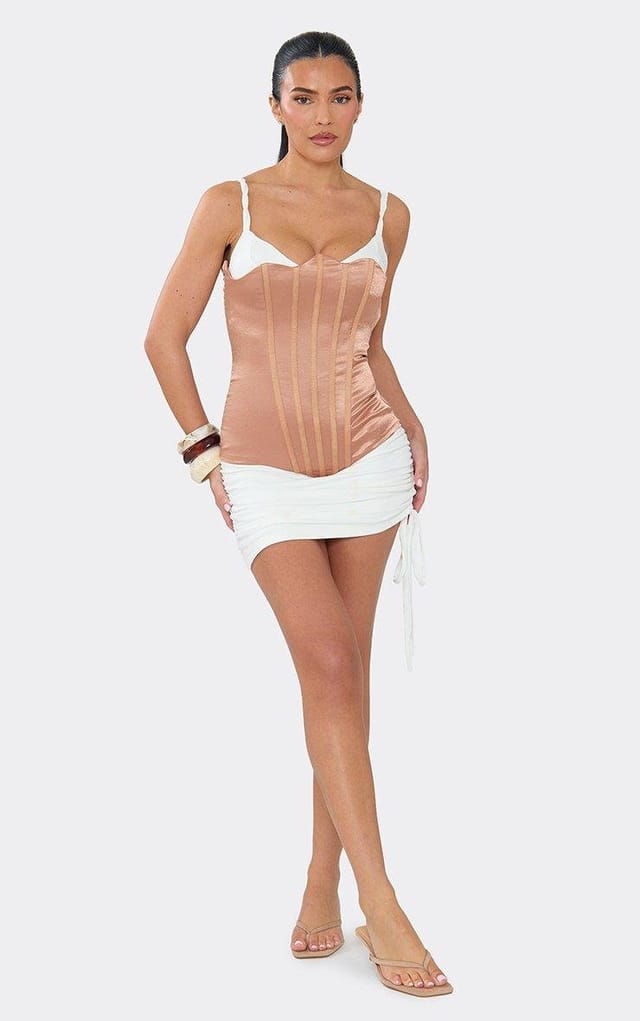 EGO Scoop Neck Tie Side Layered Corset Mini Dress In White, Women's Size UK 6 - 2