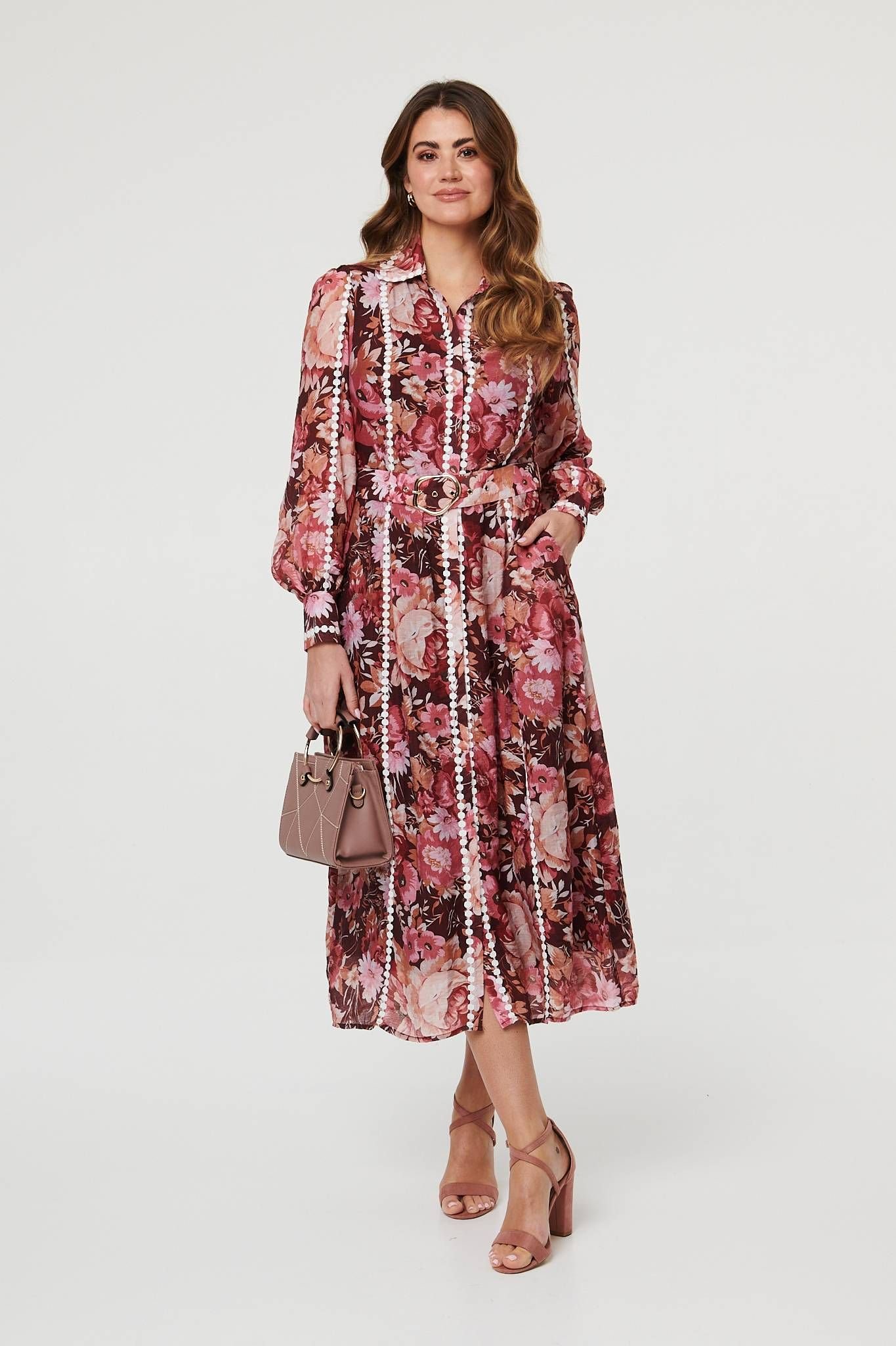 Izabel London Izabel London Women's Floral Lace Detail Long Sleeve Maxi Dress in Burgundy - 1