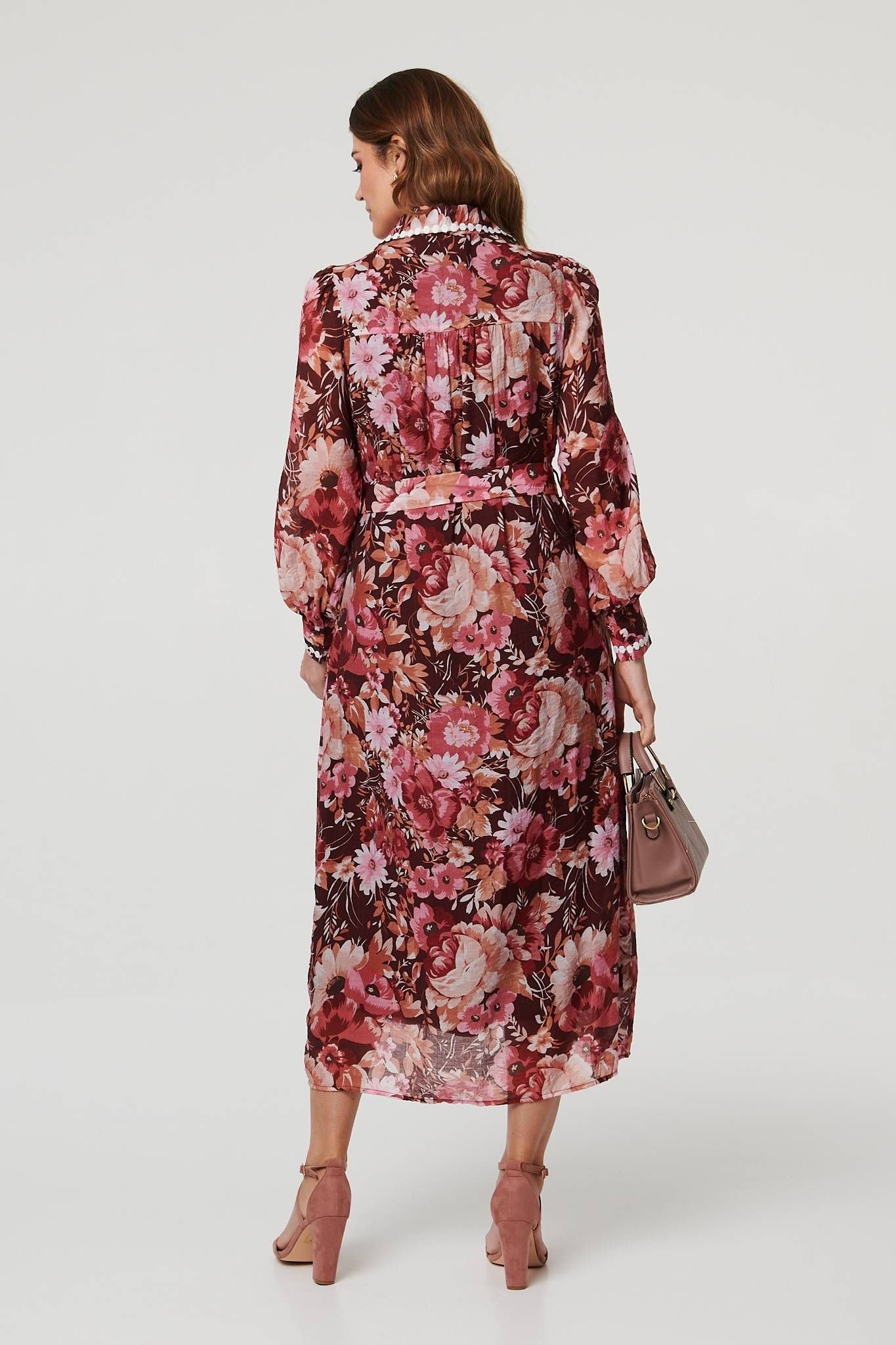 Izabel London Izabel London Women's Floral Lace Detail Long Sleeve Maxi Dress in Burgundy - 3