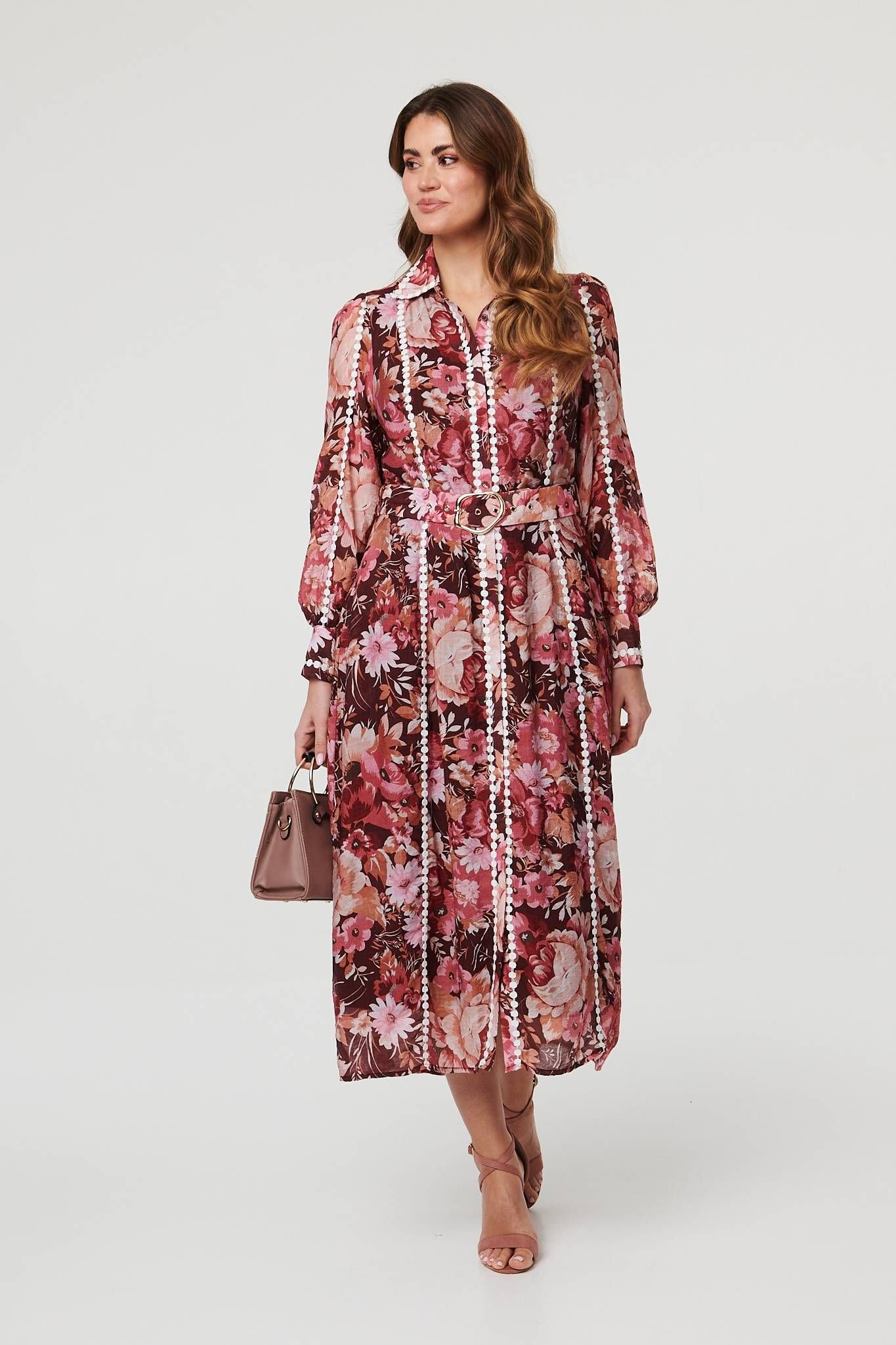 Izabel London Izabel London Women's Floral Lace Detail Long Sleeve Maxi Dress in Burgundy - 4