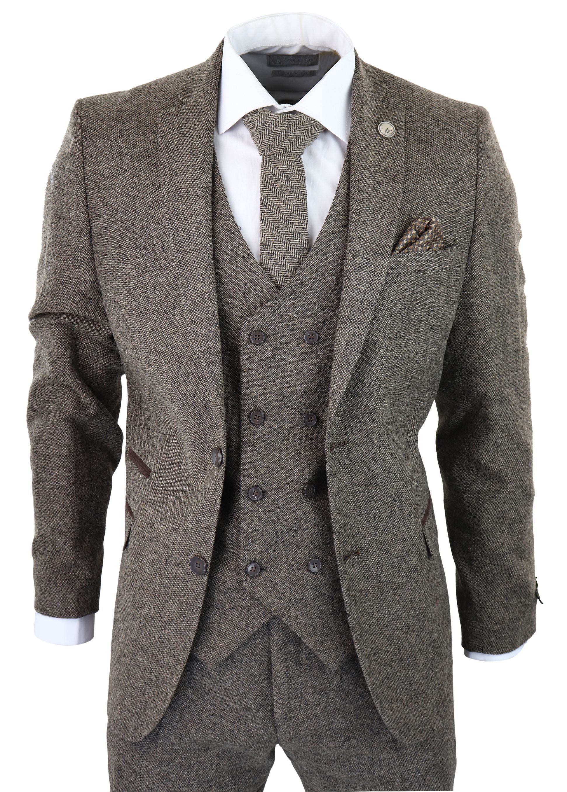 TruClothing TruClothing Men's 3 Piece Suit Double Breasted Tweed in Light Brown - 2
