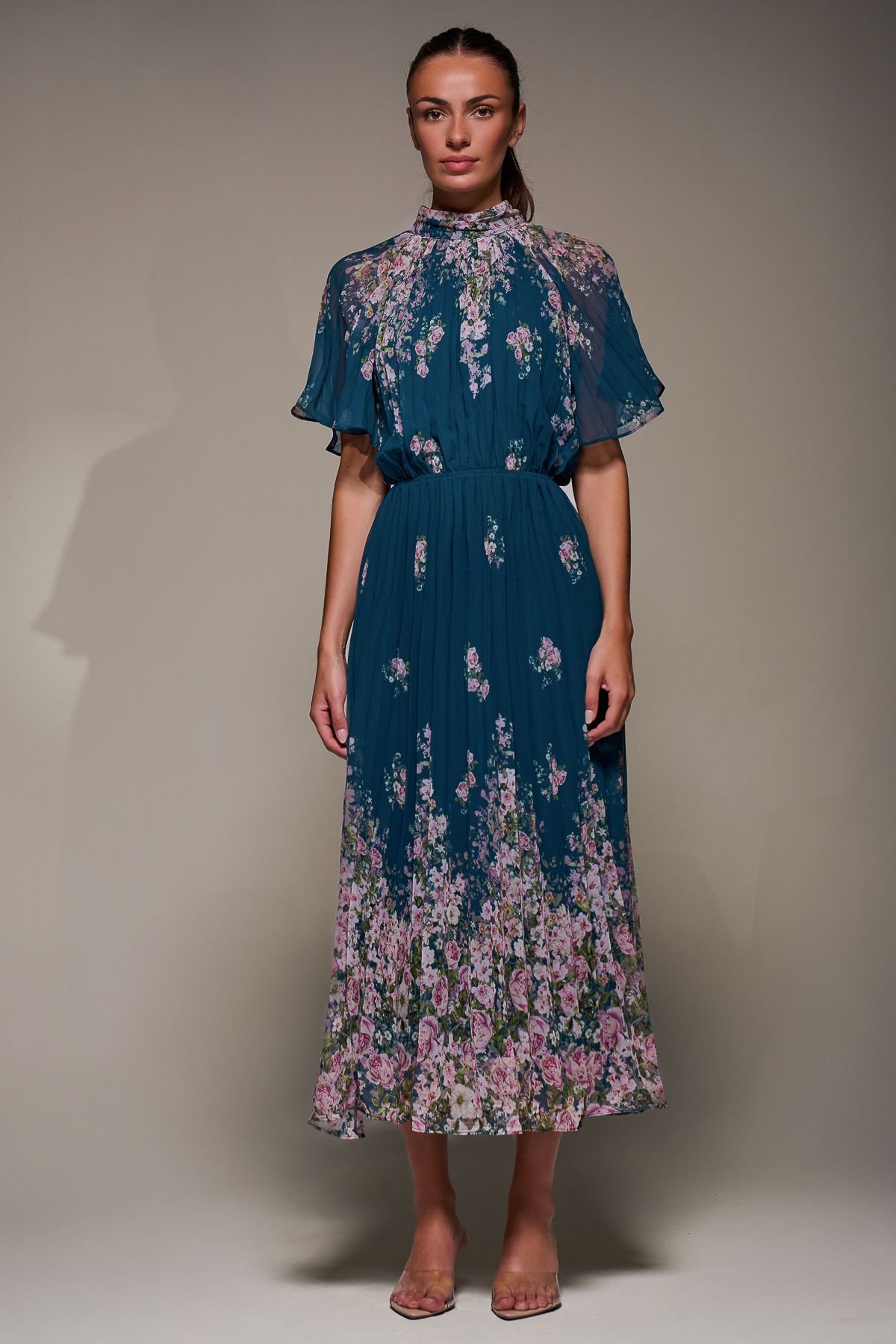 Jolie Moi Jolie Moi Women's High Neck Short Sleeve Pleated Chiffon Dress in Teal - 2