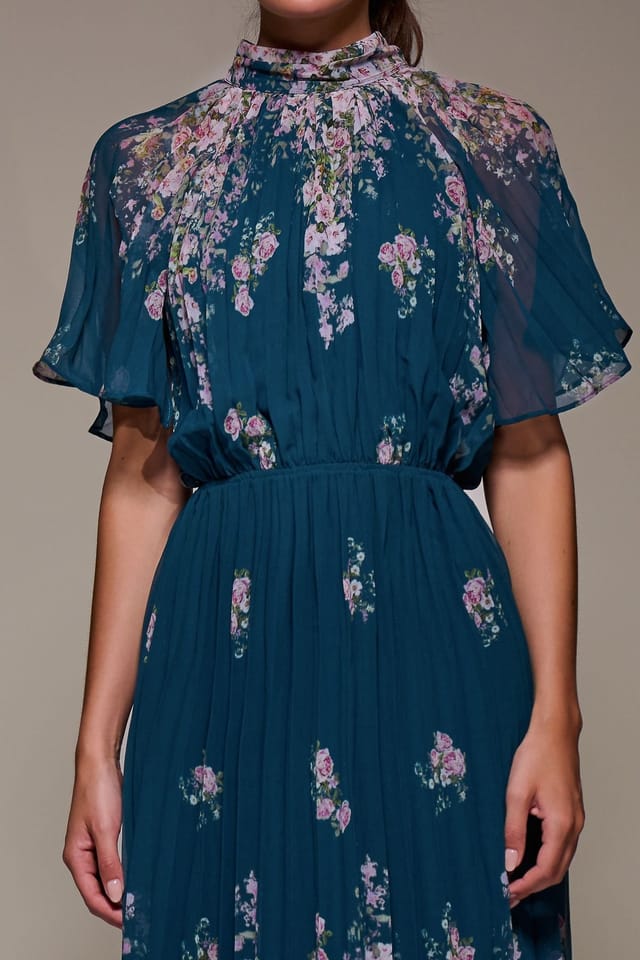 Jolie Moi Jolie Moi Women's High Neck Short Sleeve Pleated Chiffon Dress in Teal - 3