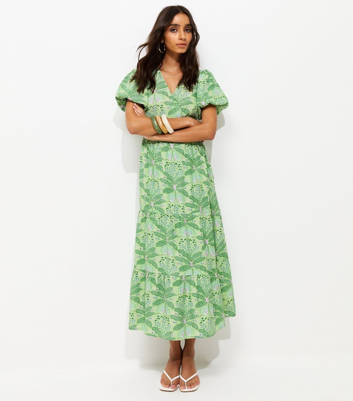 New Look Women's Green Crepe Tropical Pattern Wrap Midi Dress New Look