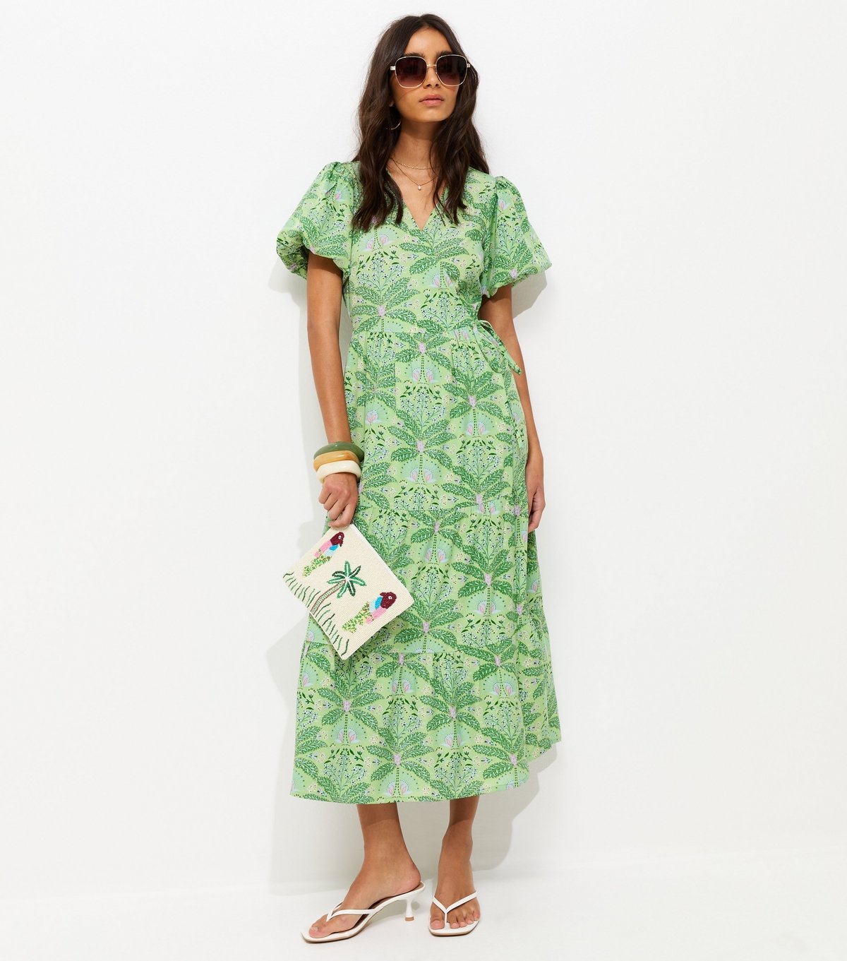 New Look Women's Green Crepe Tropical Pattern Wrap Midi Dress New Look - 2