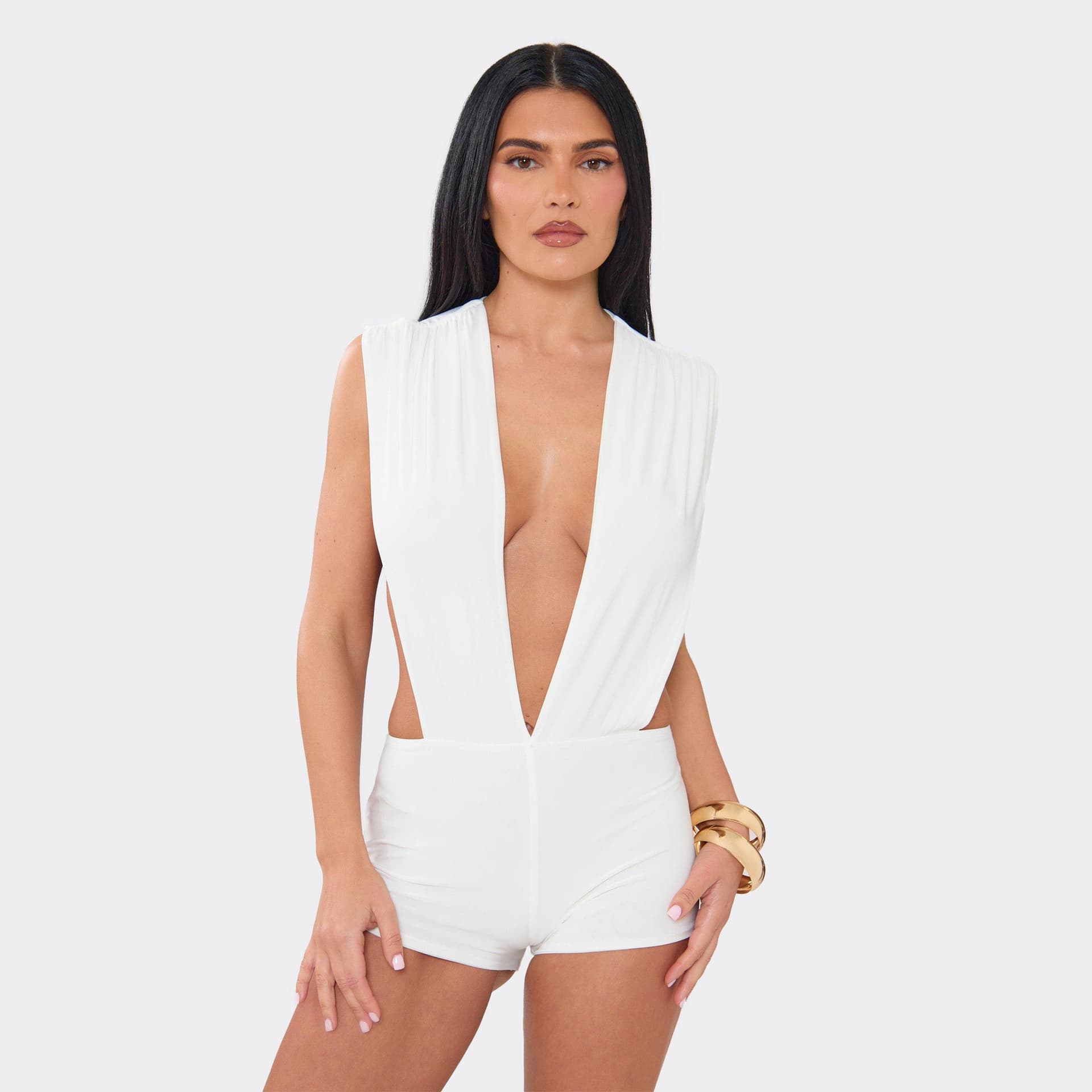 EGO Sleeveless Extreme Plunge Front Twist Back Playsuit In White, Women's Size UK 6