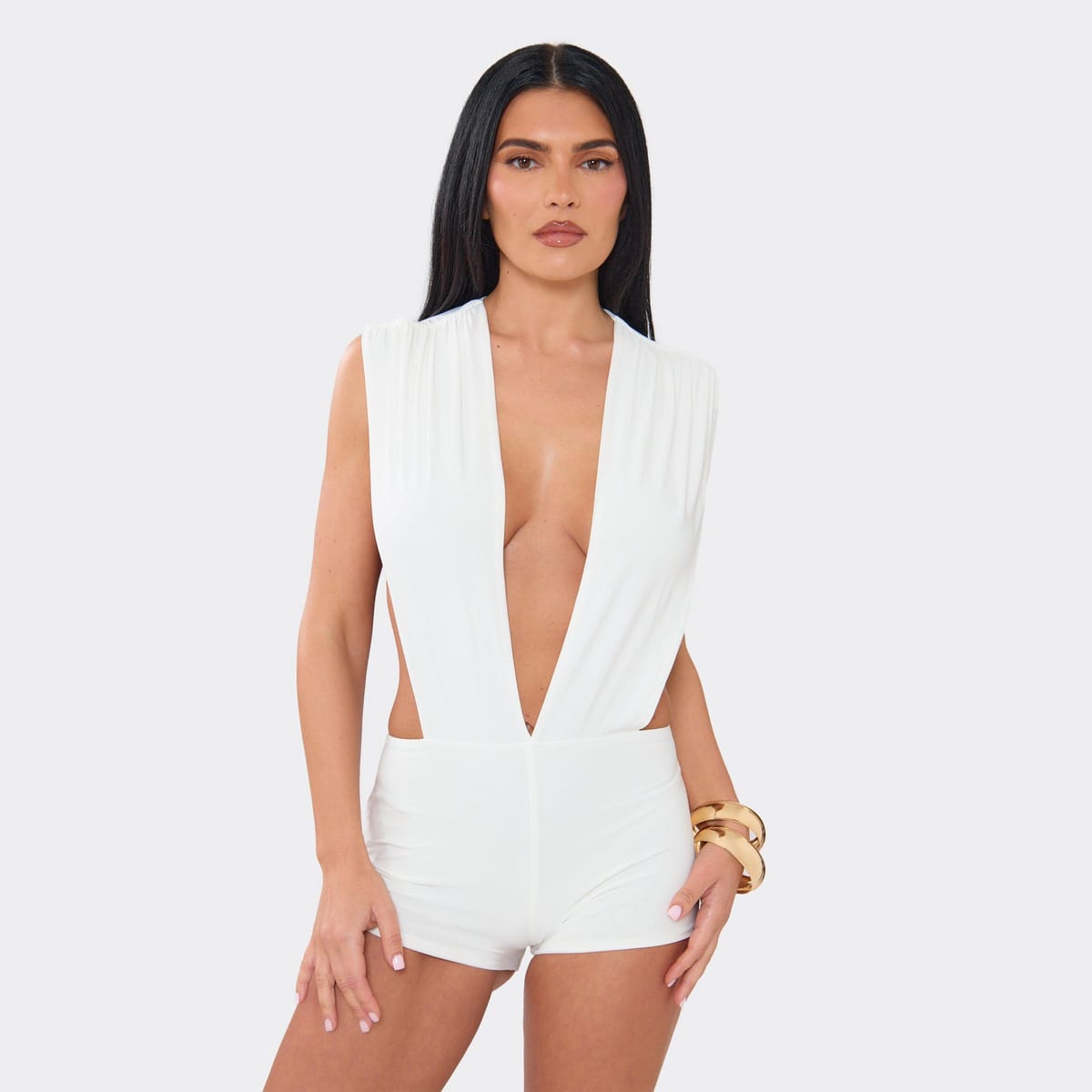 EGO Sleeveless Extreme Plunge Front Twist Back Playsuit In White, Women's Size UK 6 - 1