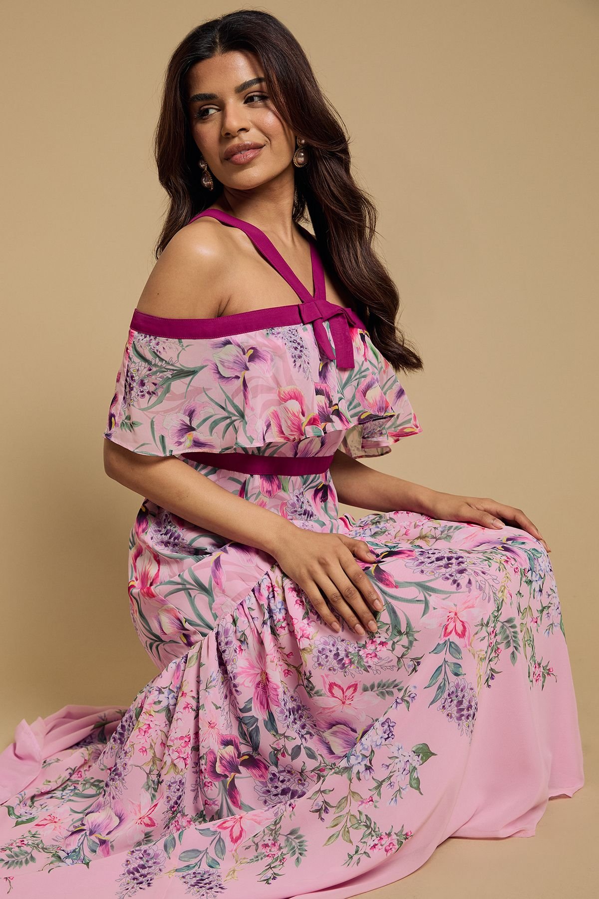 Oasis Oasis Women's Petite Bow Detail Halter Neck Bardot Dress in Pink - 4