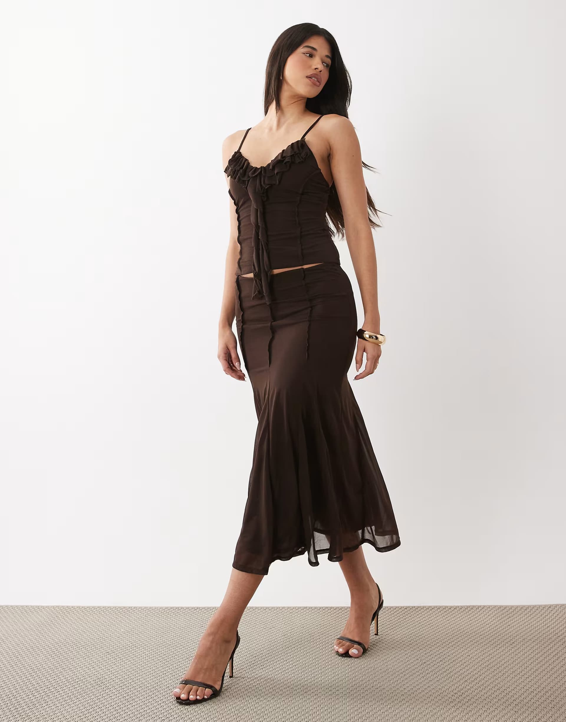 ASOS ASOS DESIGN co-ord stretch chiffon godet cropped skirt in truffle