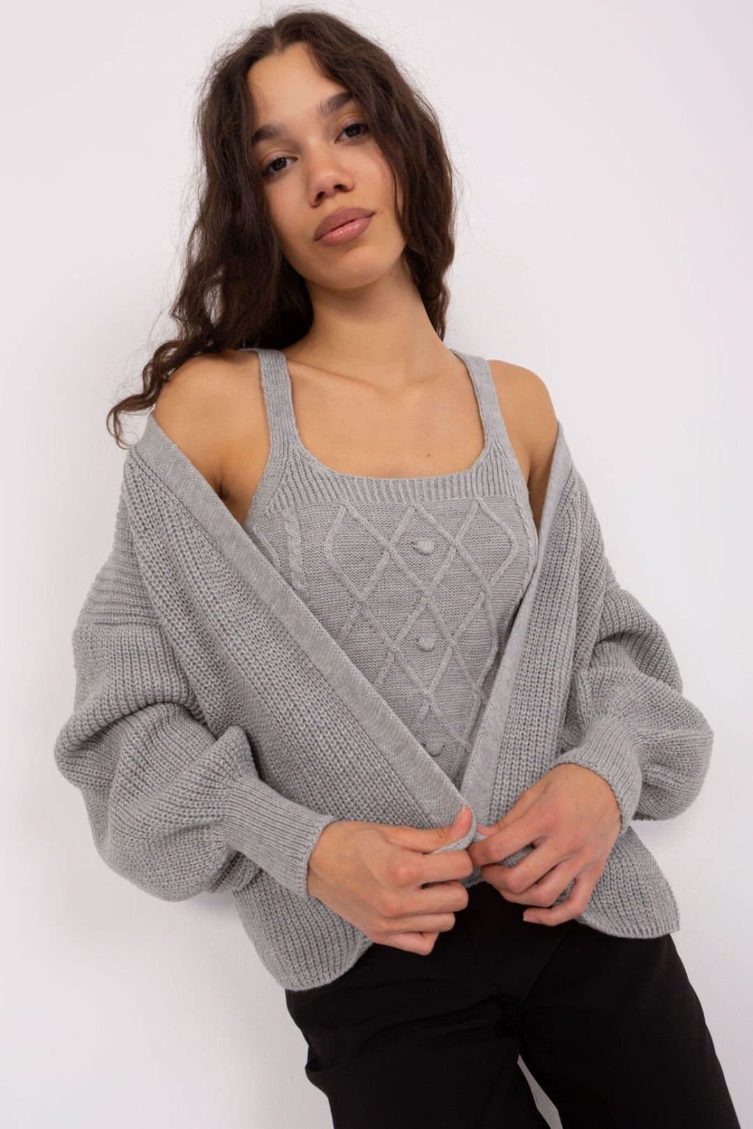 Love Lace Love Lace Women's Strapless Top & Long Sleeve Cardigan Set in Grey