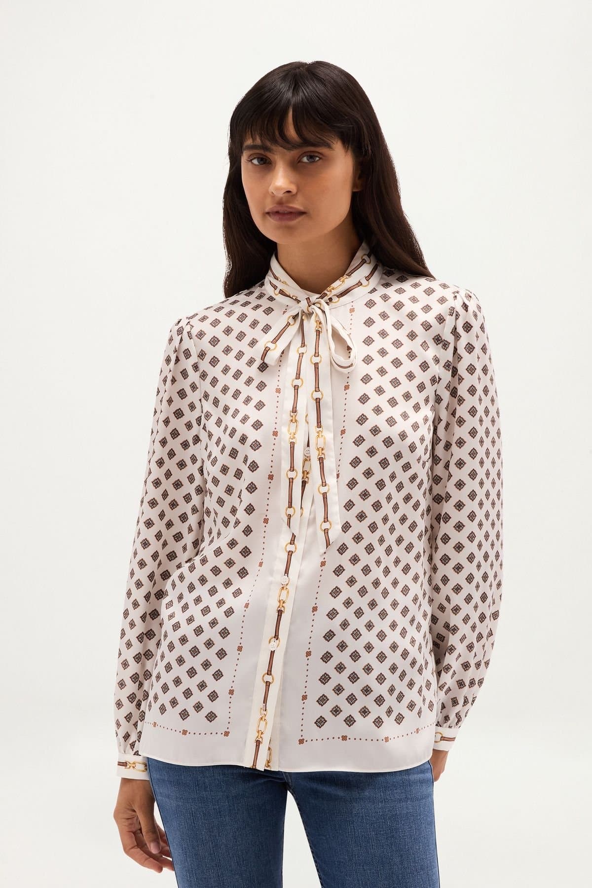 Hobbs London Hobbs London Women's Iva Tie Neck Printed Blouse in Off-White