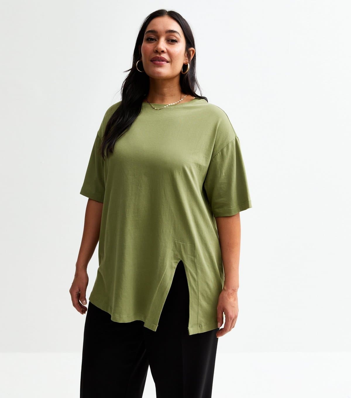 New Look Women's Plus Size Khaki Cotton Split Hem T-Shirt Curves New Look