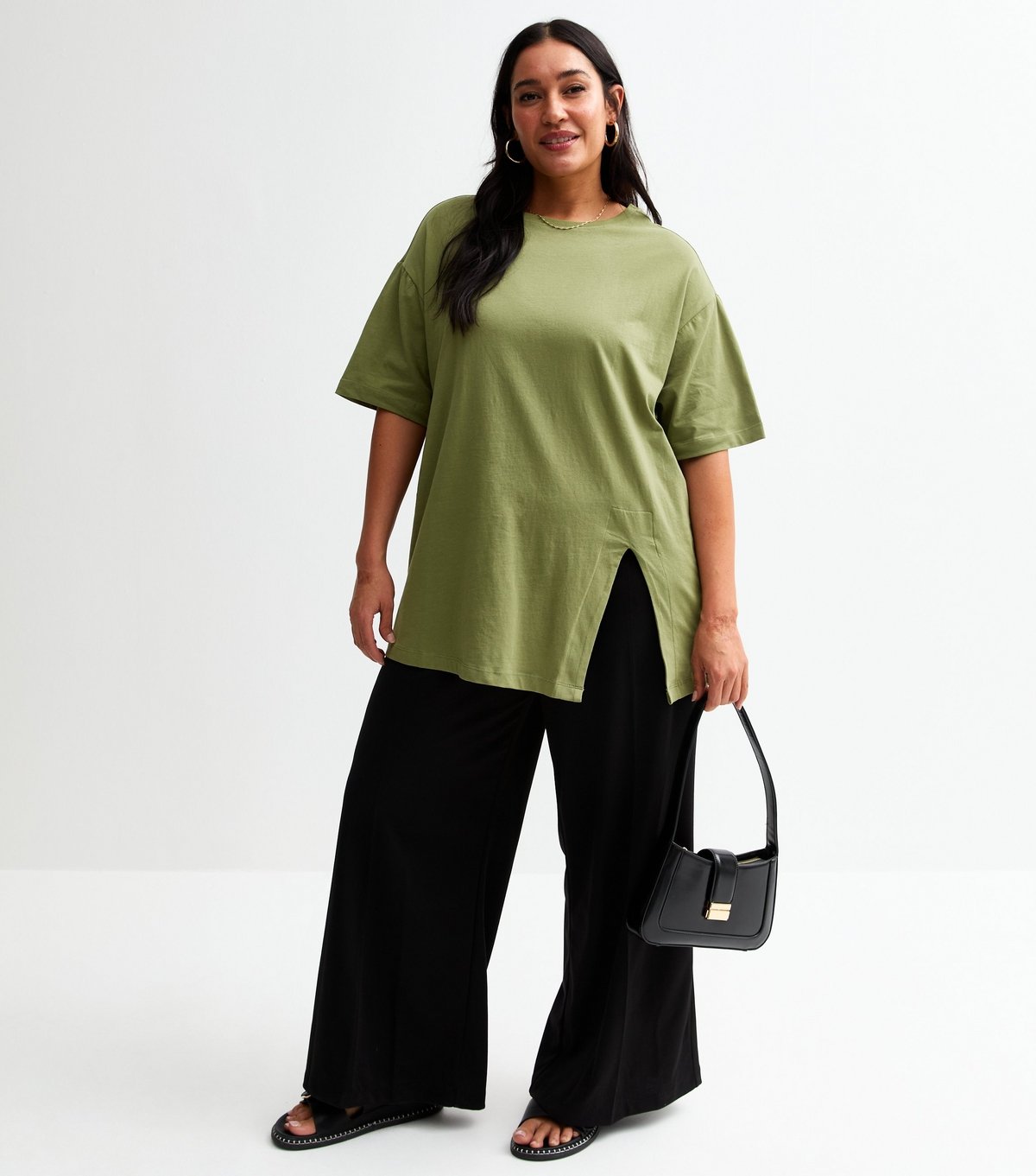 New Look Women's Plus Size Khaki Cotton Split Hem T-Shirt Curves New Look - 3
