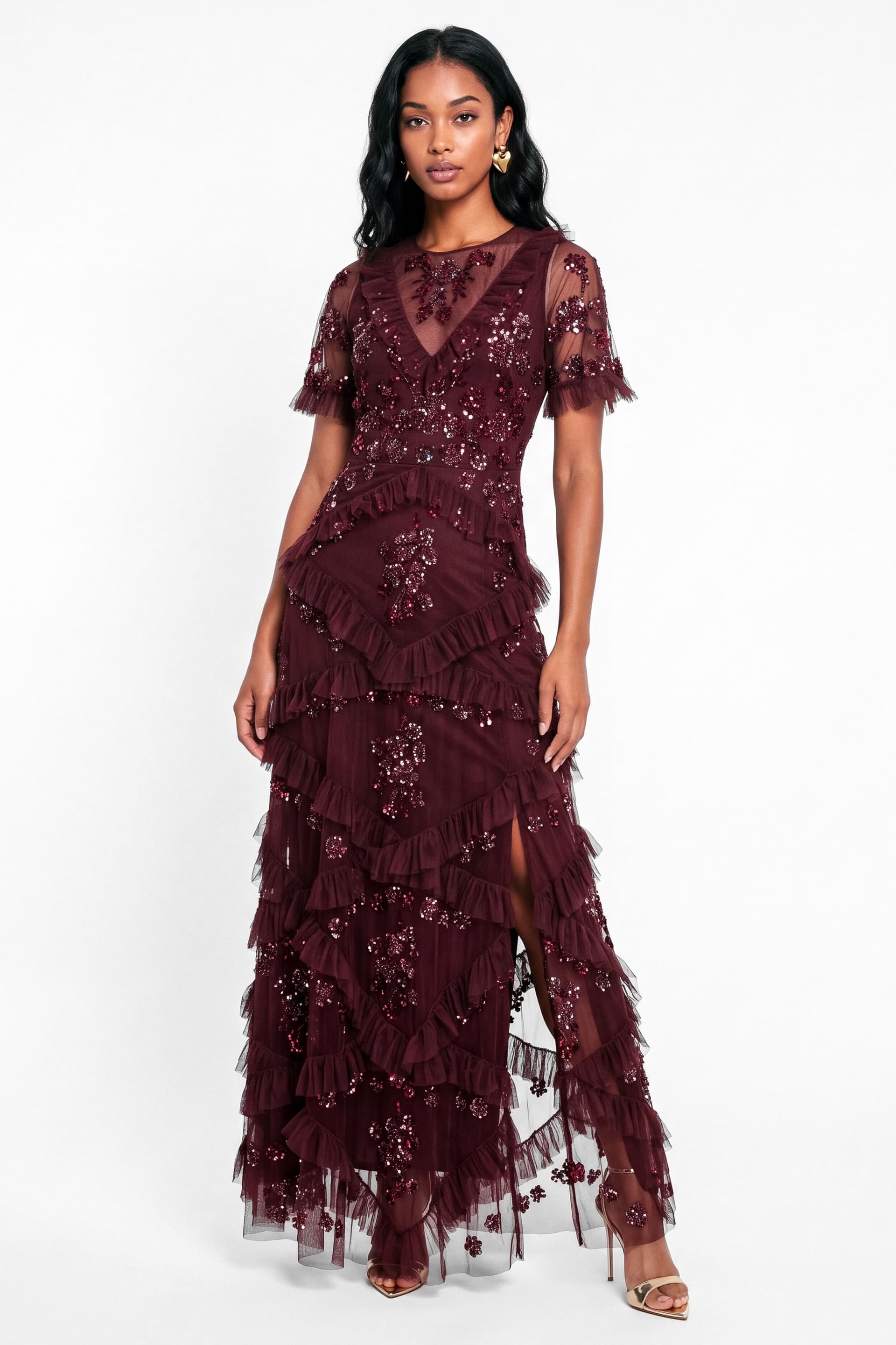 Maya Deluxe Maya Deluxe Women's Embellished Angel Sleeve Ruffled Maxi Dress in Dark Red