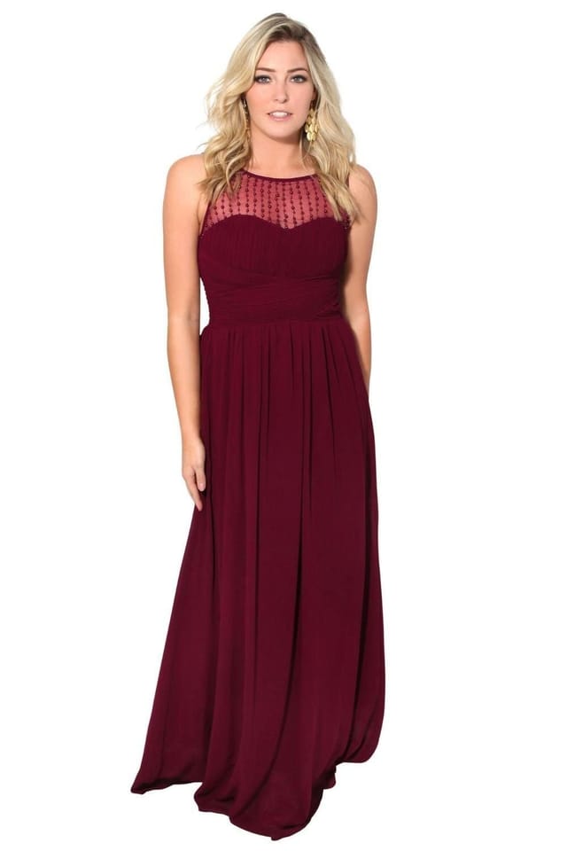 KRISP KRISP Women's Gem & Mesh Front Chiffon Maxi Dress in Red - 2