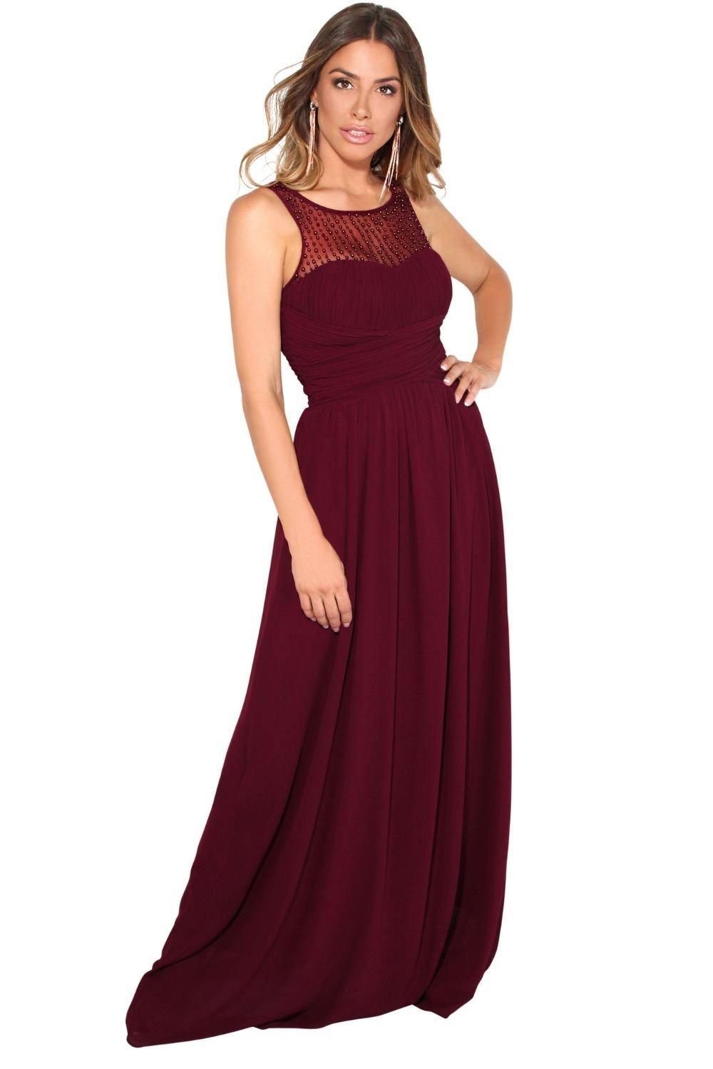 KRISP KRISP Women's Gem & Mesh Front Chiffon Maxi Dress in Red - 4