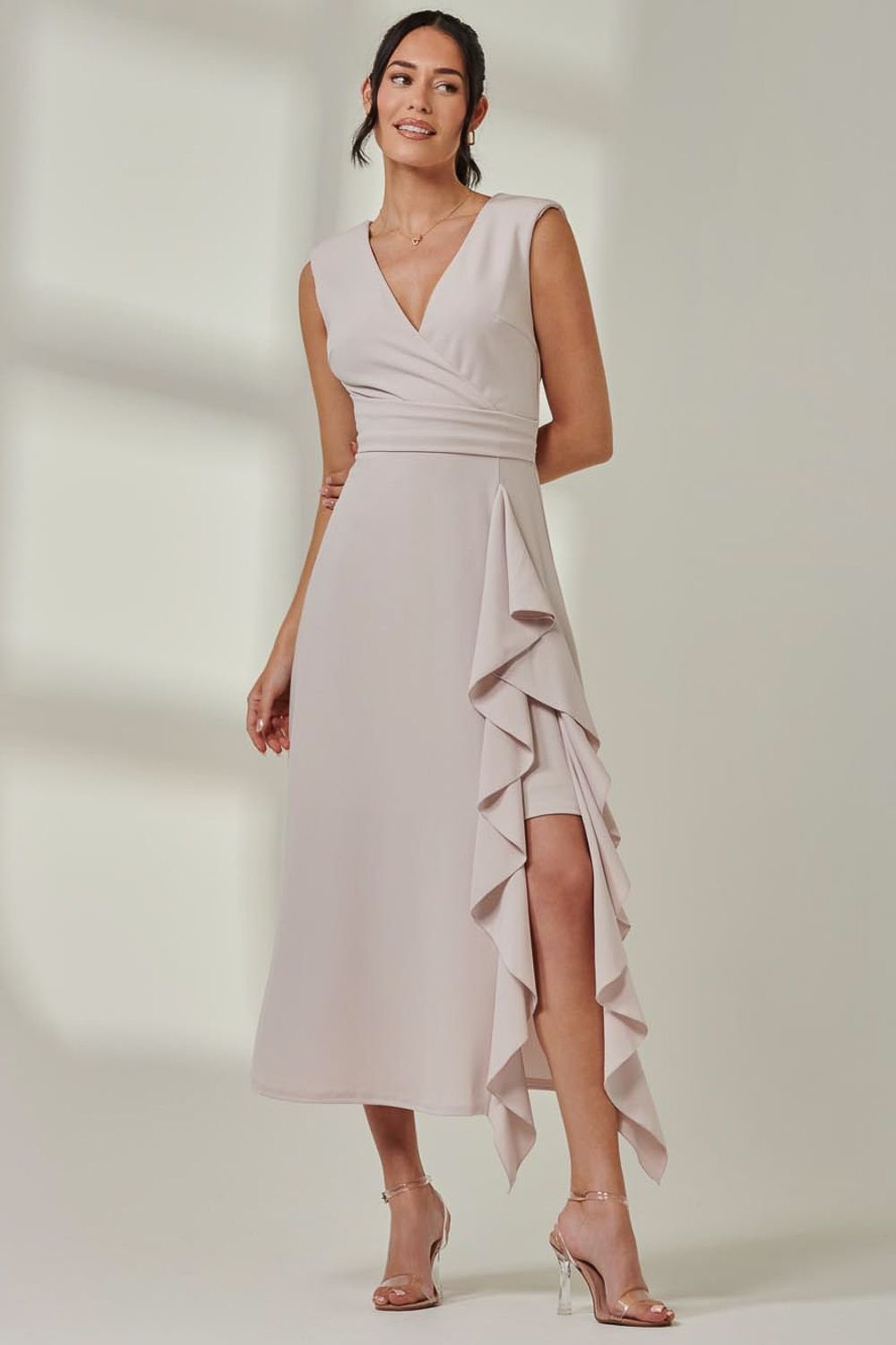 Jolie Moi Jolie Moi Women's Wrap Front Frill Detail Maxi Dress in Light Stone - 3