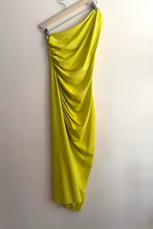 Zara 💚 Zara Lime Green Ruched Asymmetric Midi Skirt UK 8 Bodycon Occasion Summer Holiday