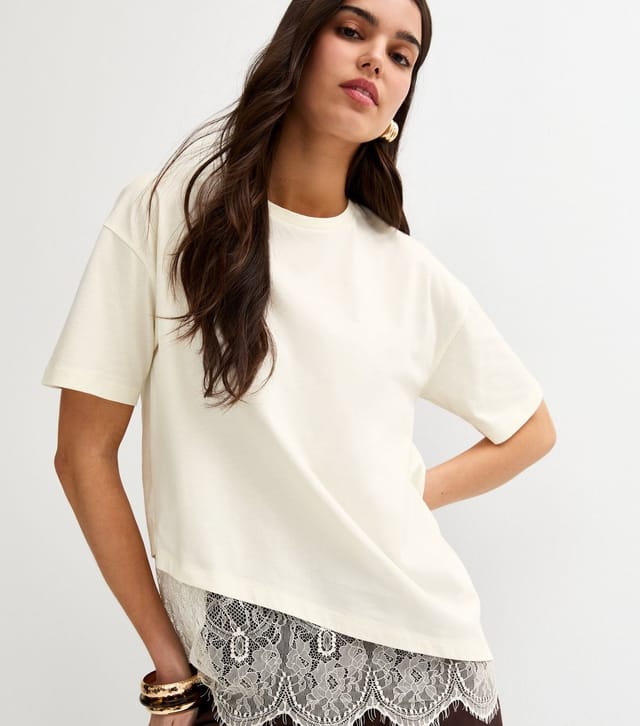 New Look Women's Off White Cotton Scalloped Lace T-Shirt New Look - 3