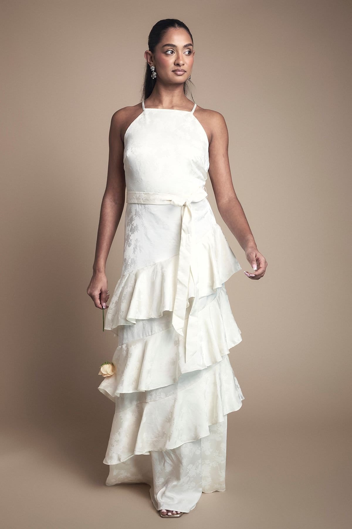 Oasis Champagne Satin Jacquard Ruffle Halter Bridesmaid Dress