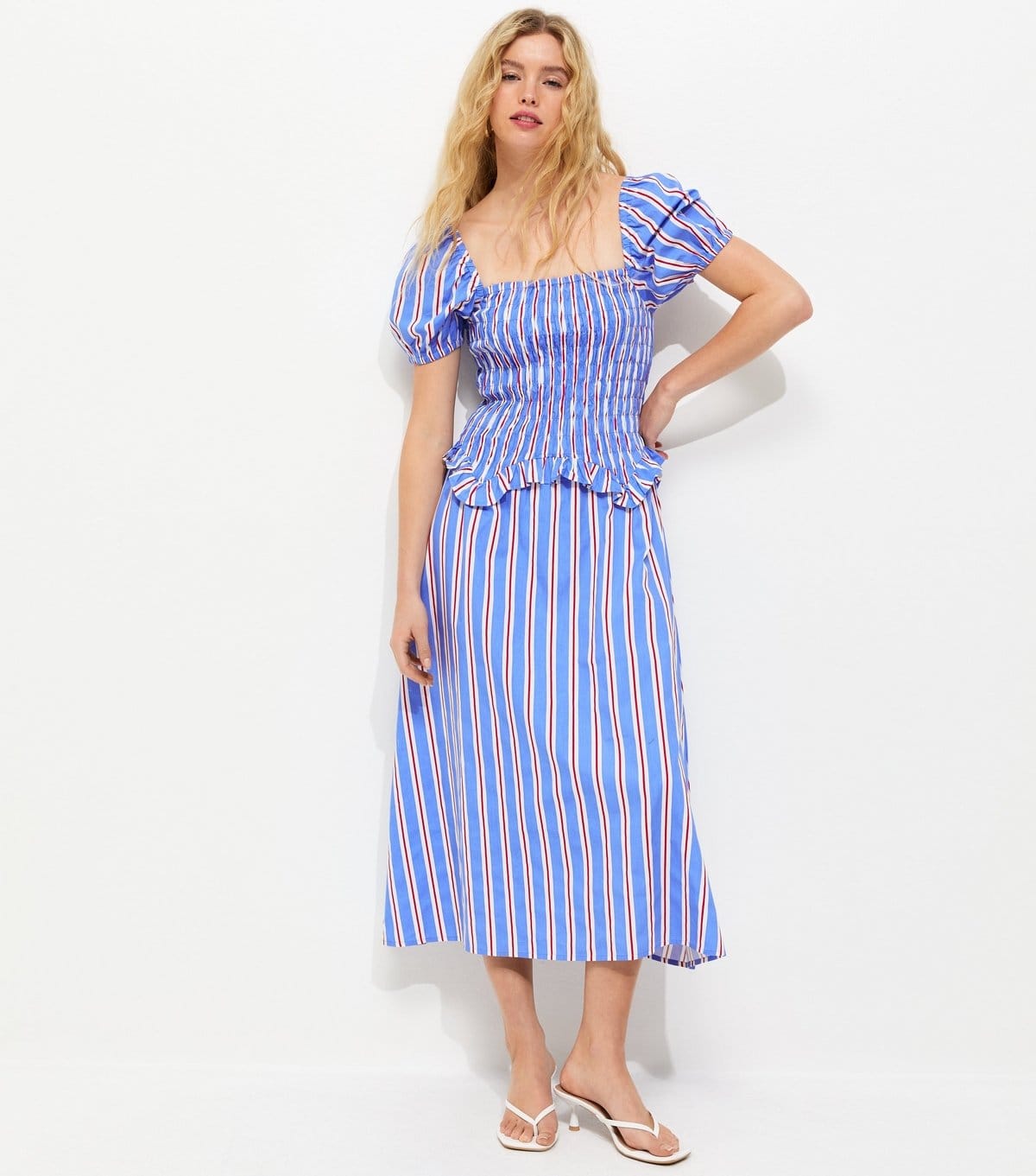 New Look Blue Striped Shirred Dropped Waist Midi Dress