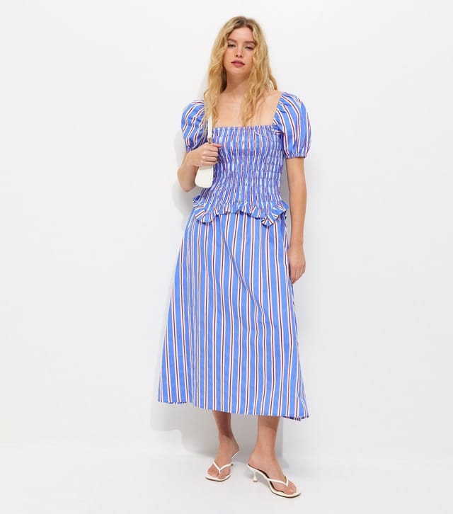 New Look Women's Blue Striped Shirred Dropped Waist Midi Dress New Look - 3