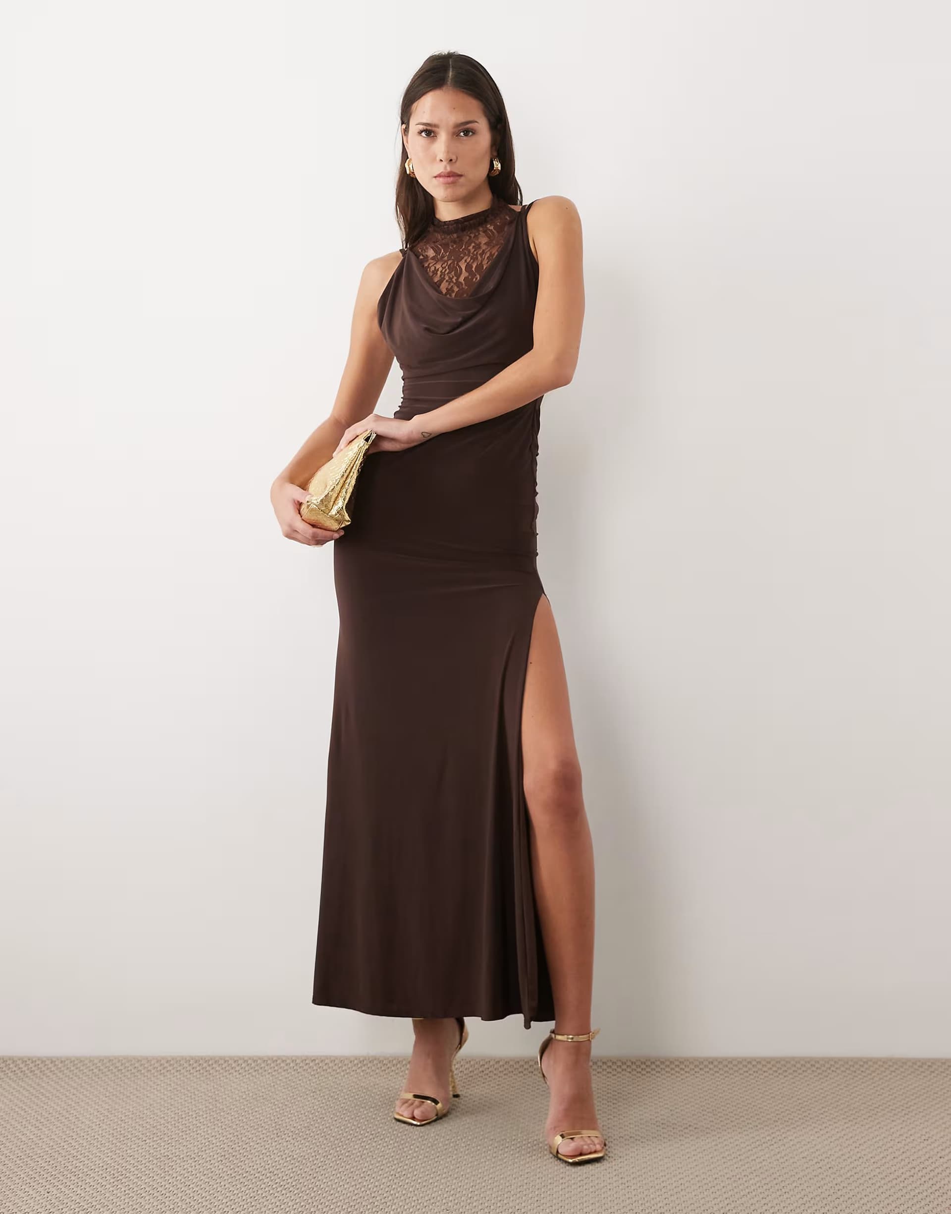 ASOS ASOS DESIGN lace and slinky layered cowl maxi dress in chocolate