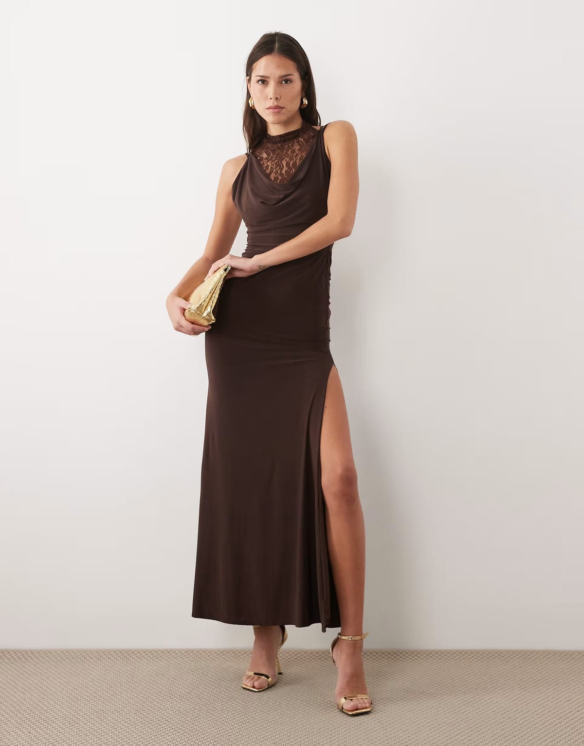 ASOS ASOS DESIGN lace and slinky layered cowl maxi dress in chocolate - 1