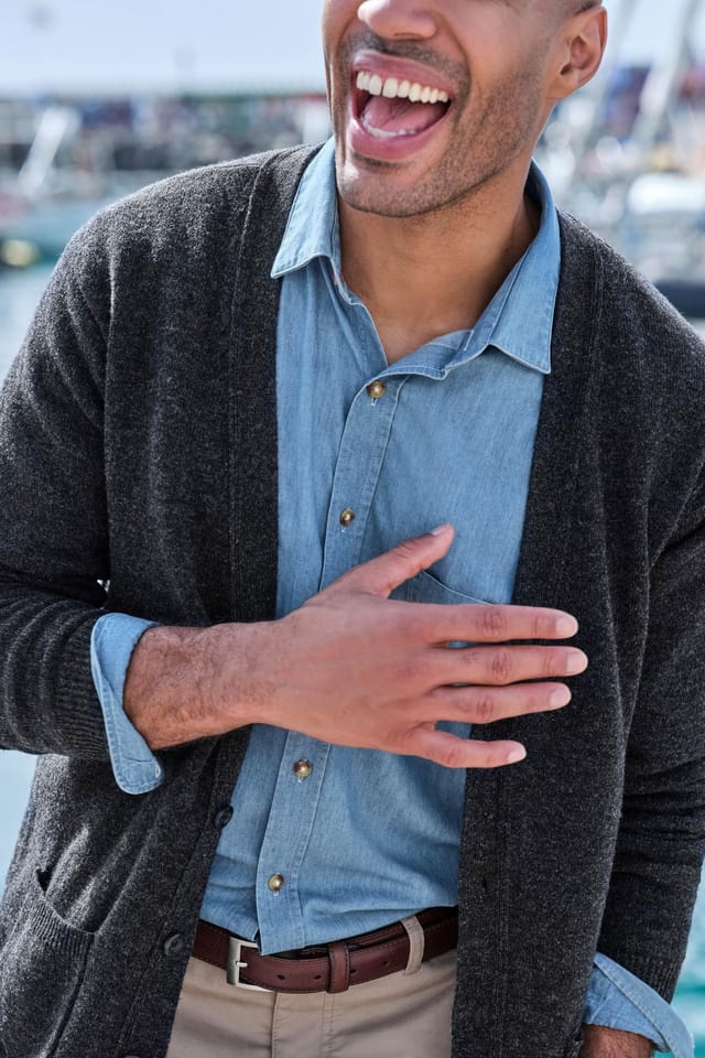 WoolOvers WoolOvers Men's 100% Wool V Neck Cardigan in Dark Grey - 2