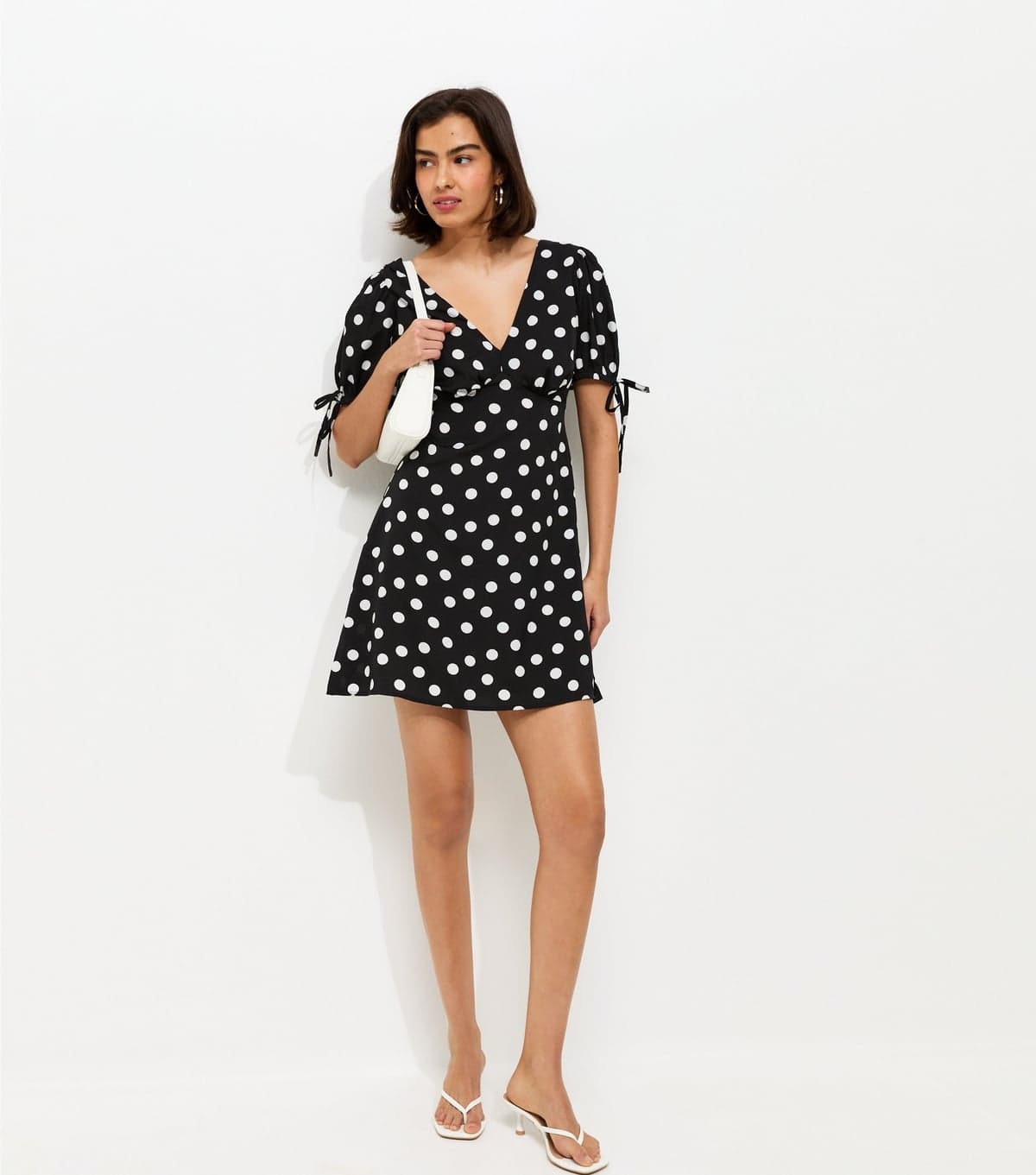 New Look Women's Black Crepe Polka Dot Tie Sleeve Mini Dress New Look