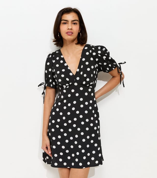 New Look Women's Black Crepe Polka Dot Tie Sleeve Mini Dress New Look - 3