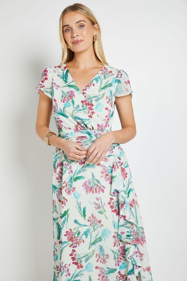 Wallis Wallis Women's Petite Floral Dobby Ruffle Midi Dress in Ivory - 2