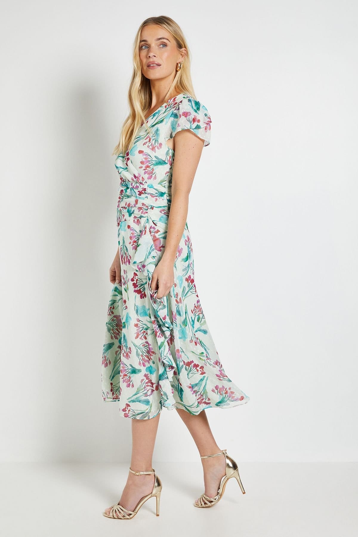 Wallis Wallis Women's Petite Floral Dobby Ruffle Midi Dress in Ivory - 4