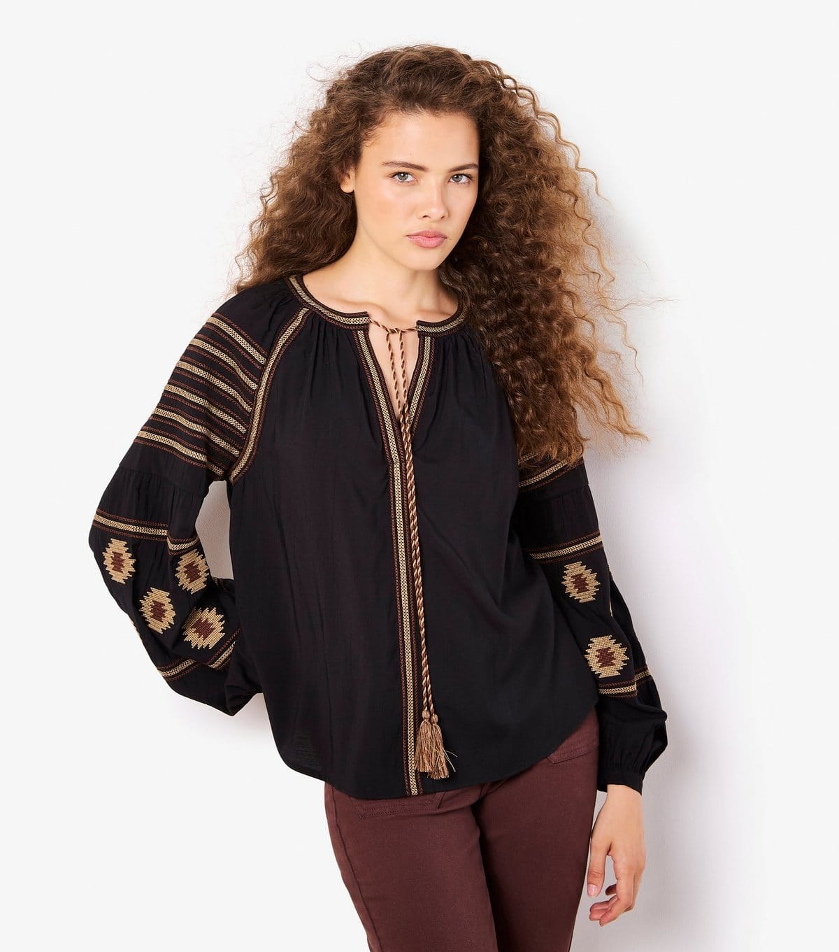 Apricot Black Embroidered Tasseled Blouse