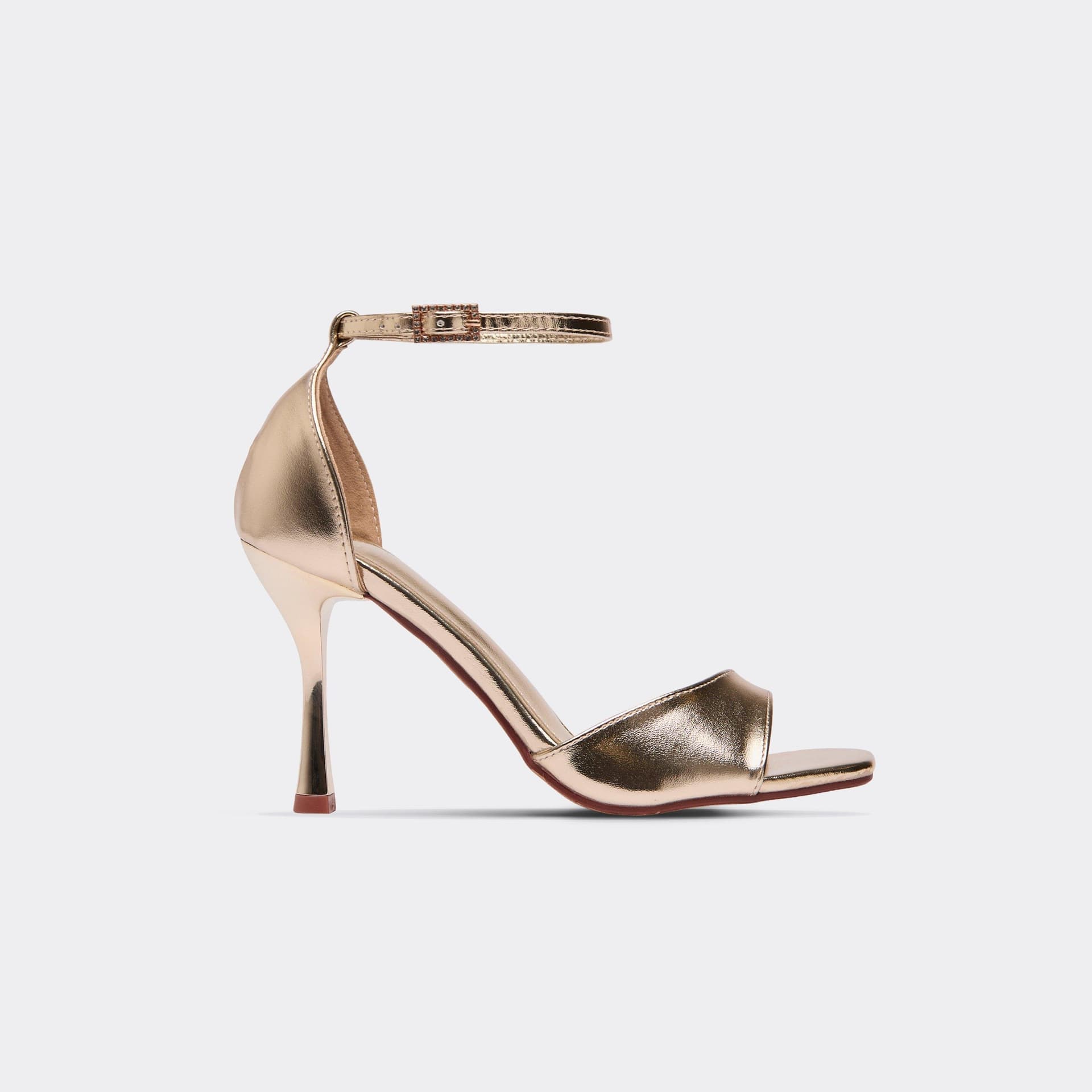 EGO Solar Diamante Buckle Ankle Strap Peep Toe Heel In Gold Faux Leather, Women's Size UK 3