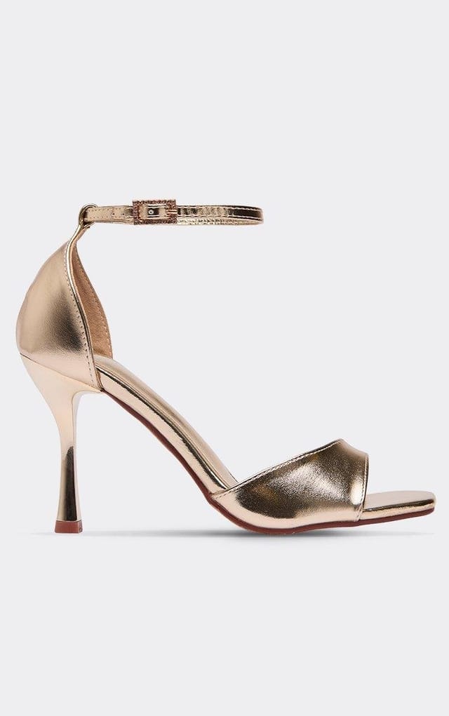 EGO Solar Diamante Buckle Ankle Strap Peep Toe Heel In Gold Faux Leather, Women's Size UK 3 - 2