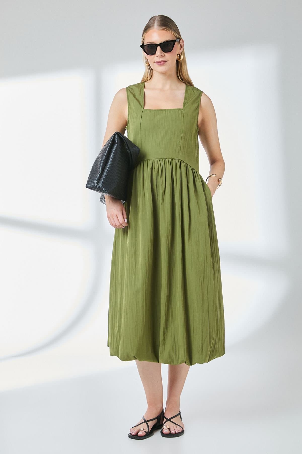 Principles Principles Women's Square Neck Parachute Midi Dress in Khaki