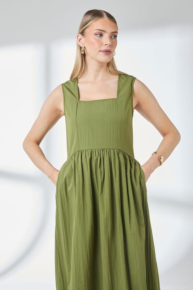 Principles Principles Women's Square Neck Parachute Midi Dress in Khaki - 2