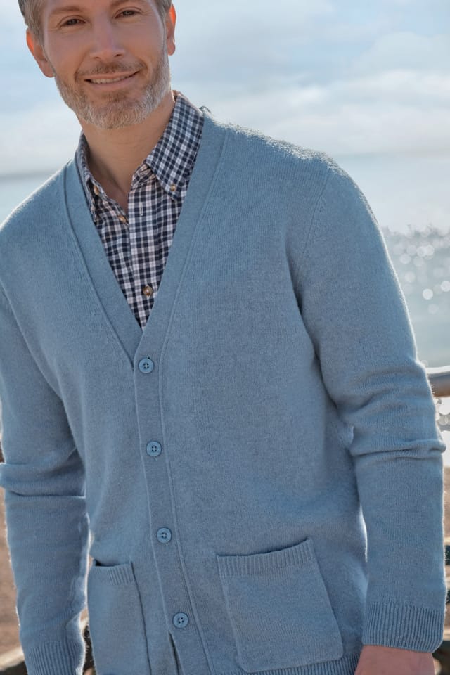 WoolOvers WoolOvers Men's 100% Wool V Neck Cardigan in Light Blue - 2