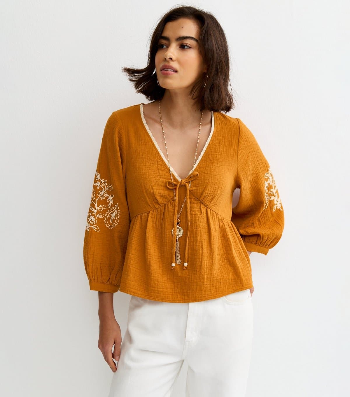 New Look Women's Orange Embroidered Sleeve Tea Blouse New Look